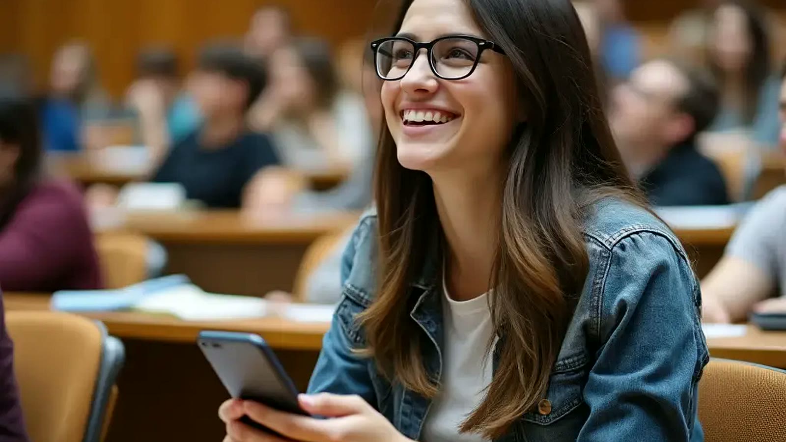 Student in a lecture hall using Hedy on her phone during class