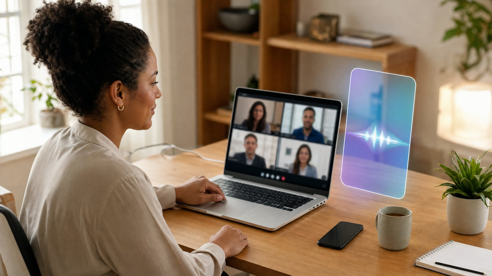Professional in a virtual meeting with AI support on a laptop screen