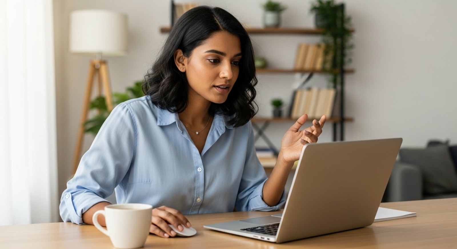 Mujer gesticulando mientras habla en una videollamada en su escritorio de oficina en casa con una taza de café y una computadora portátil