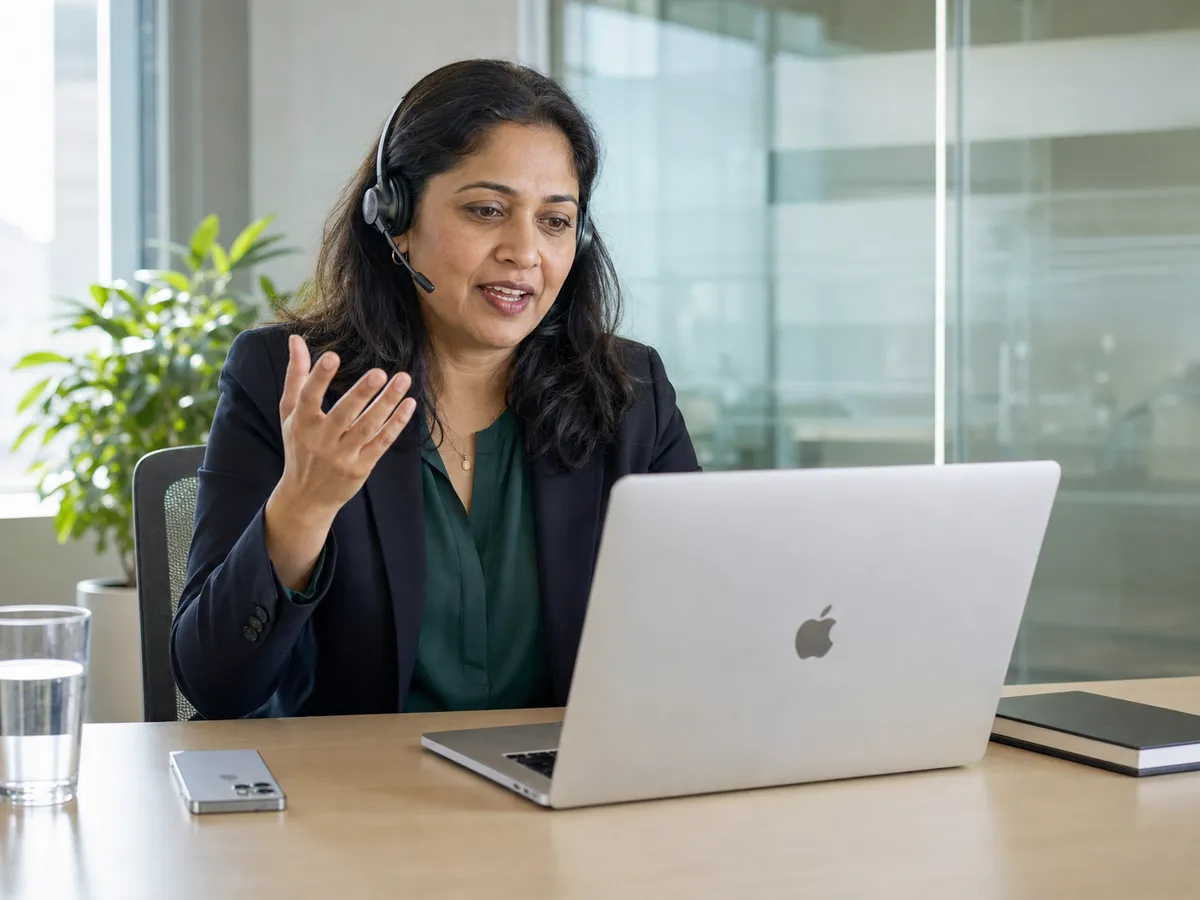 A woman wearing a headset alone at an office desk, speaking and gesturing during a video call, her laptop screen turned away and a face-down iPhone beside it