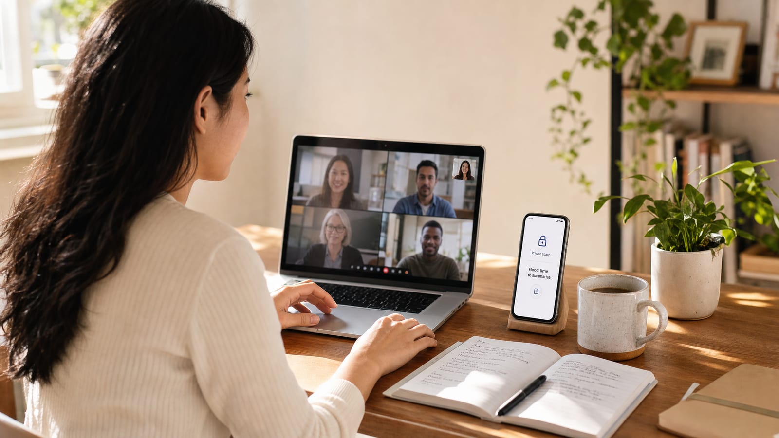 Professional using private AI meeting coach support during a video call
