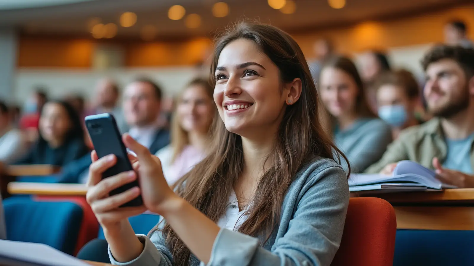 Estudiante sonriente sosteniendo un smartphone en un aula universitaria con otros asistentes de fondo
