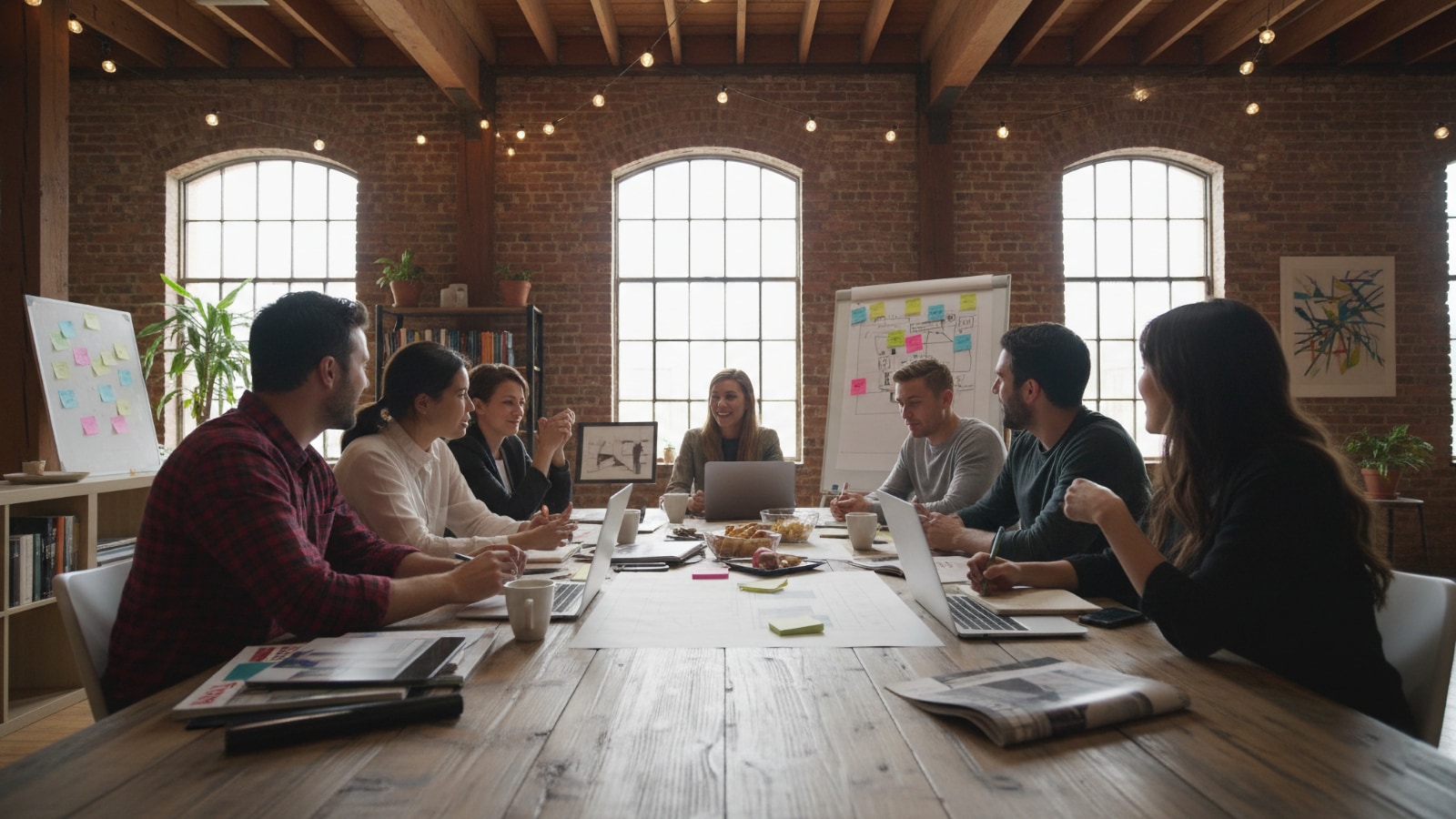 Equipo de siete personas colaborando alrededor de una mesa larga en una oficina tipo loft con paredes de ladrillo y pizarras
