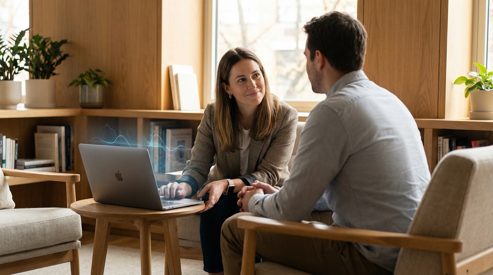 Mujer y hombre teniendo una conversación privada en un salón acogedor con una computadora portátil abierta en una mesa pequeña