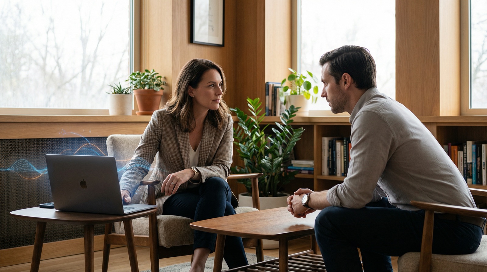 Mujer y hombre en una conversación relajada uno a uno en una habitación cálida con paneles de madera y una computadora portátil cerca