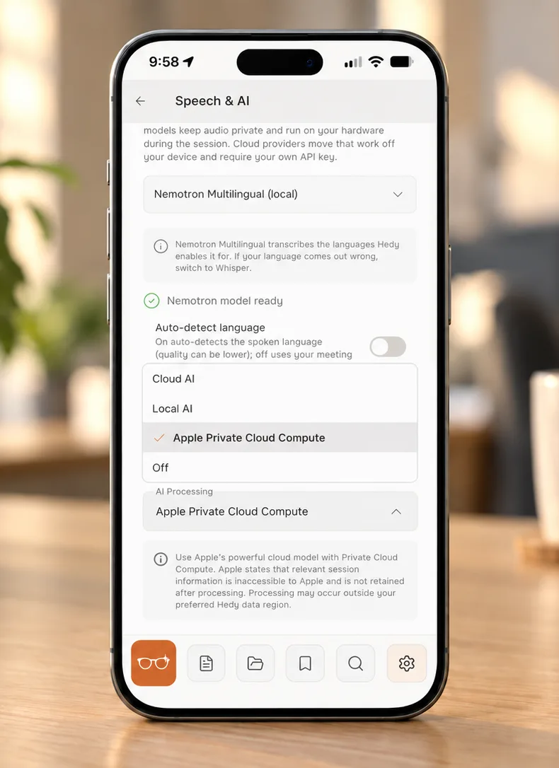 Hedy's AI Processing setting open on an iPhone, showing Cloud AI, Local AI, Apple Private Cloud Compute and Off, with Apple Private Cloud Compute selected