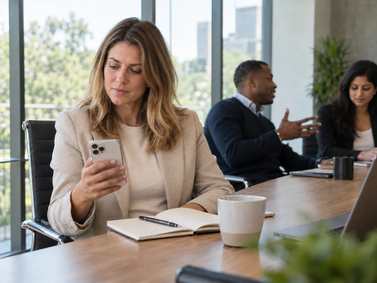 Woman checking her phone during a meeting in a sunlit conference room while two colleagues talk further down the table