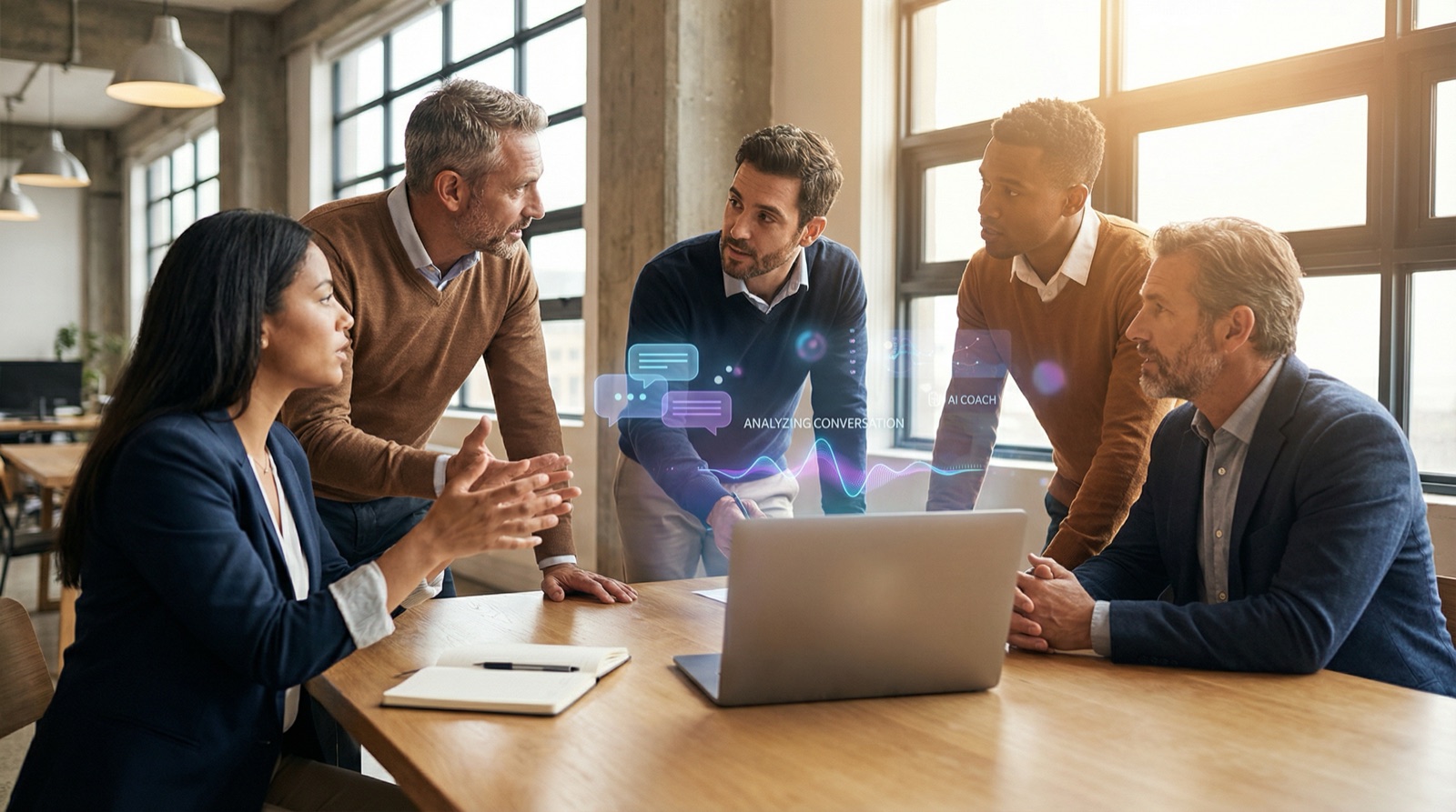 Cinco colegas reunidos alrededor de una computadora portátil en una oficina iluminada por el sol con superposiciones digitales de chat en la pantalla