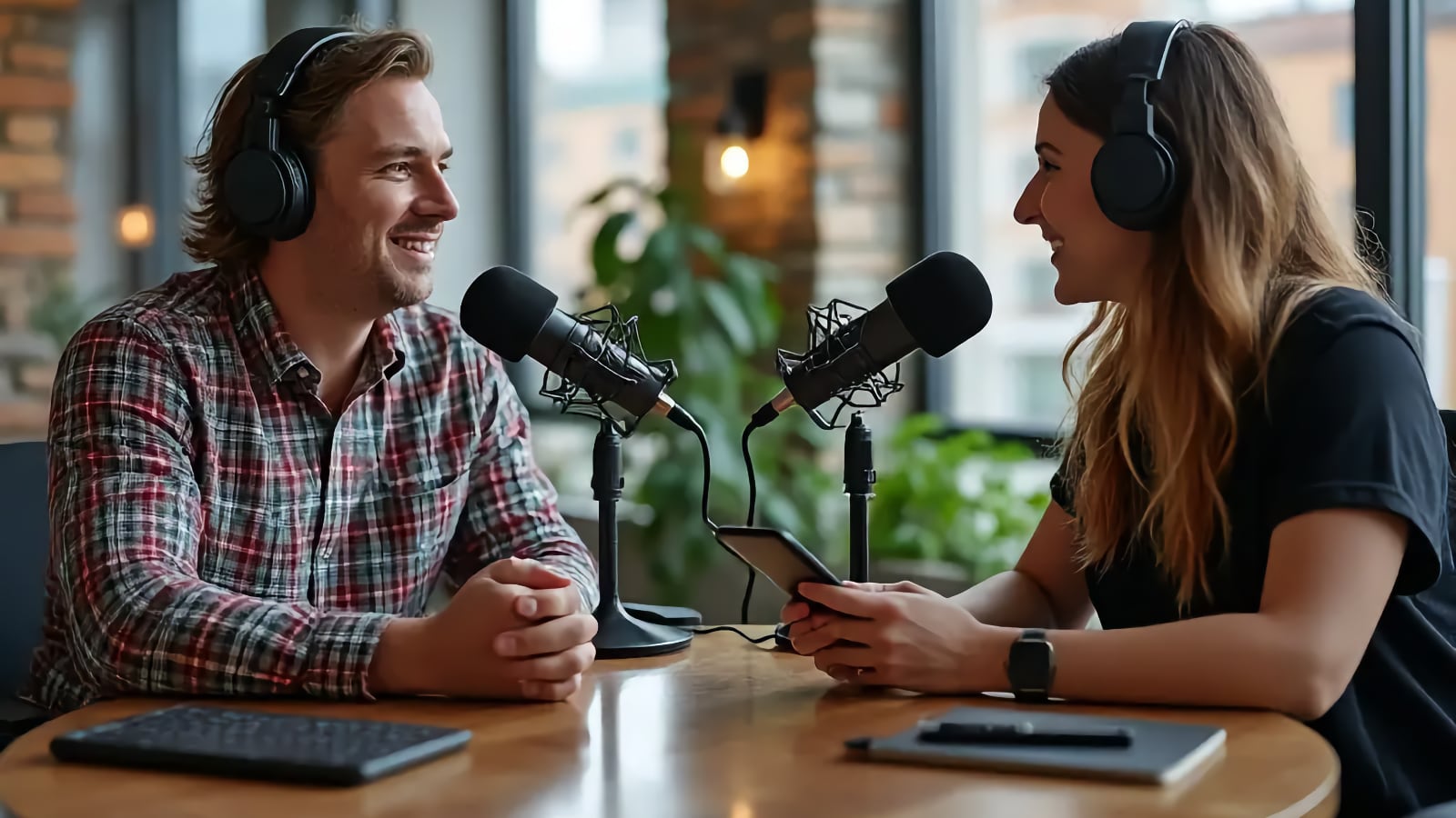 Dos personas con auriculares sonriéndose mutuamente a través de una mesa con micrófonos de podcast