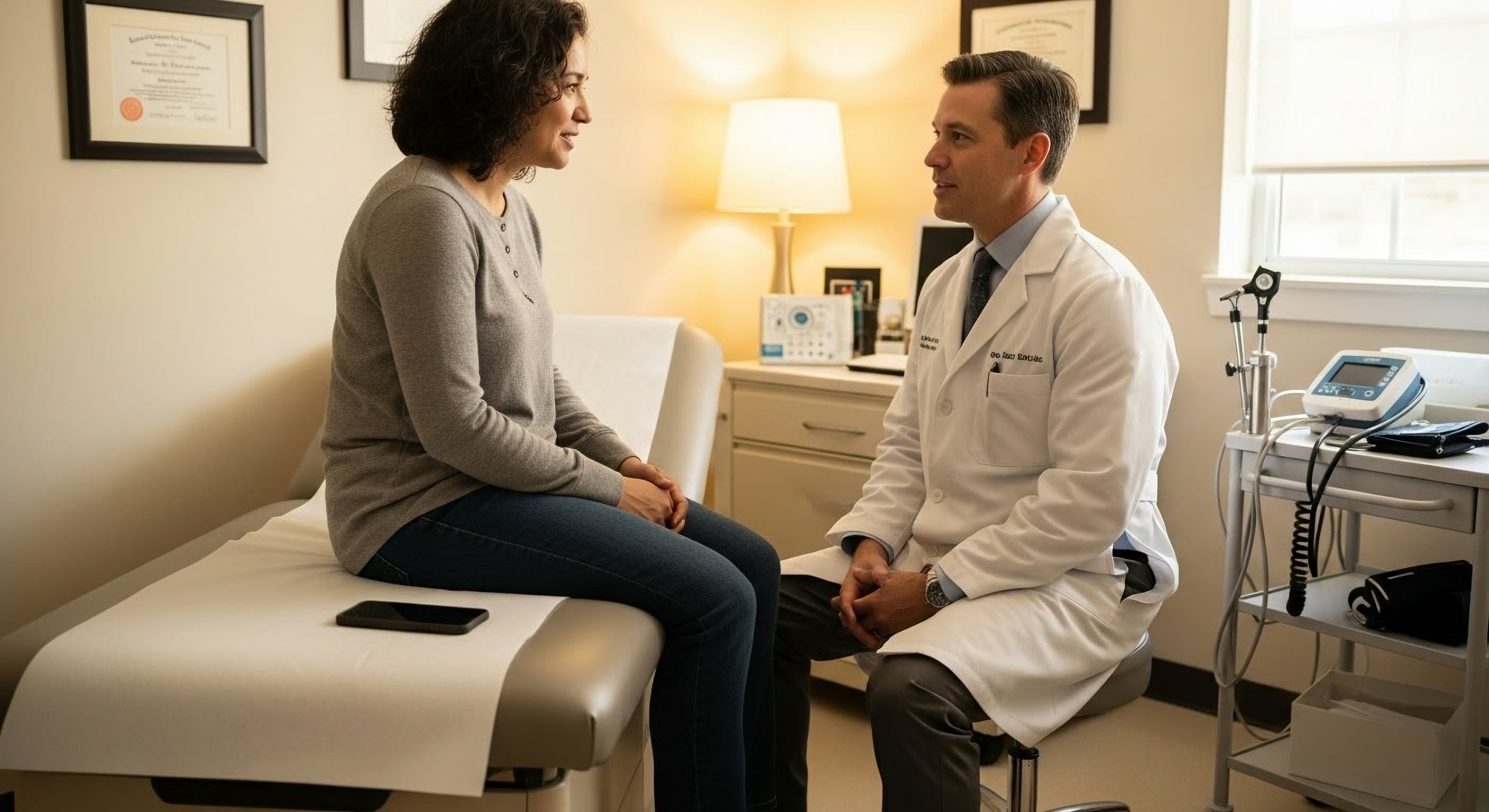 Paciente sentado en una camilla de exploraci&oacute;n hablando con un m&eacute;dico con bata blanca en una consulta cl&iacute;nica