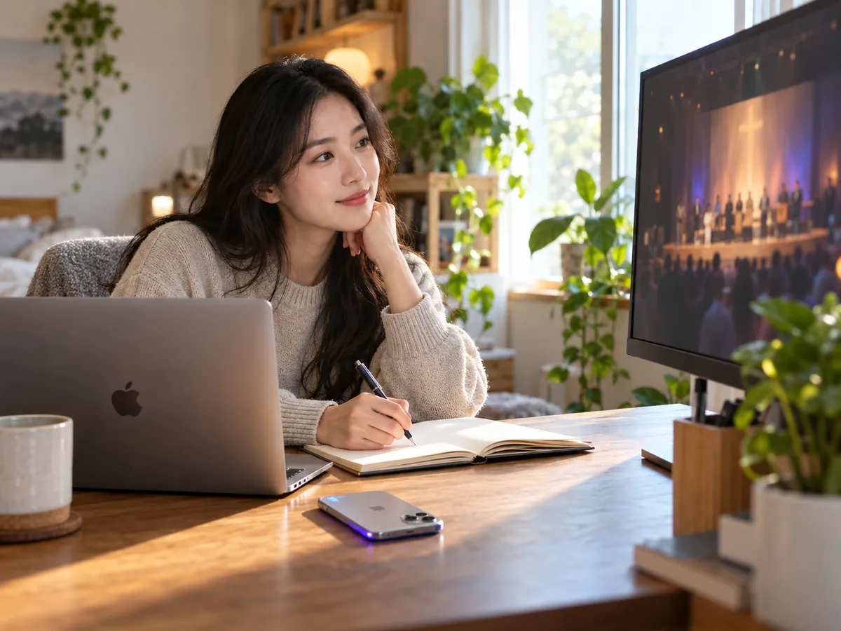 Young woman at a home desk watching a church livestream on a monitor and writing in a journal, with a laptop and a face-down phone beside her