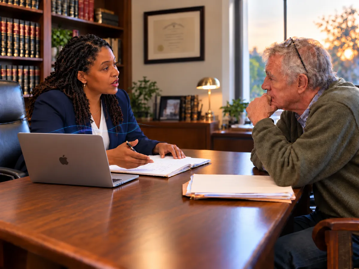 Attorney talking with an older client across a desk in her law office, with an open MacBook facing her, a faint glow of light rising from it, an open notebook and the client's case folder