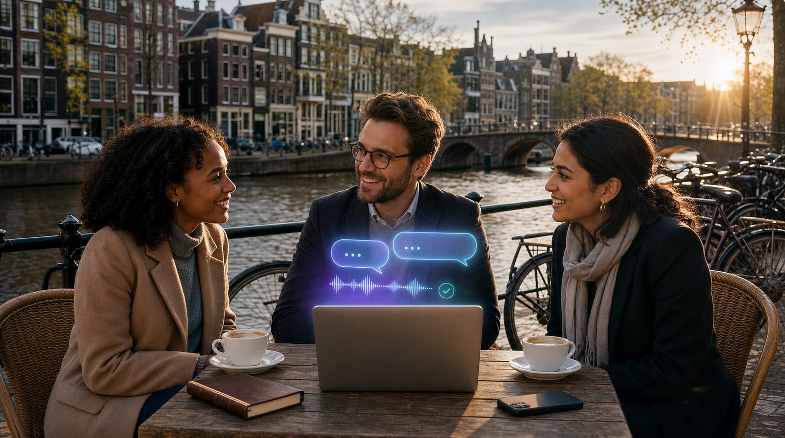 Three professionals meeting at an outdoor canalside cafe table in Amsterdam, with a glowing AI assistant hologram above an open laptop