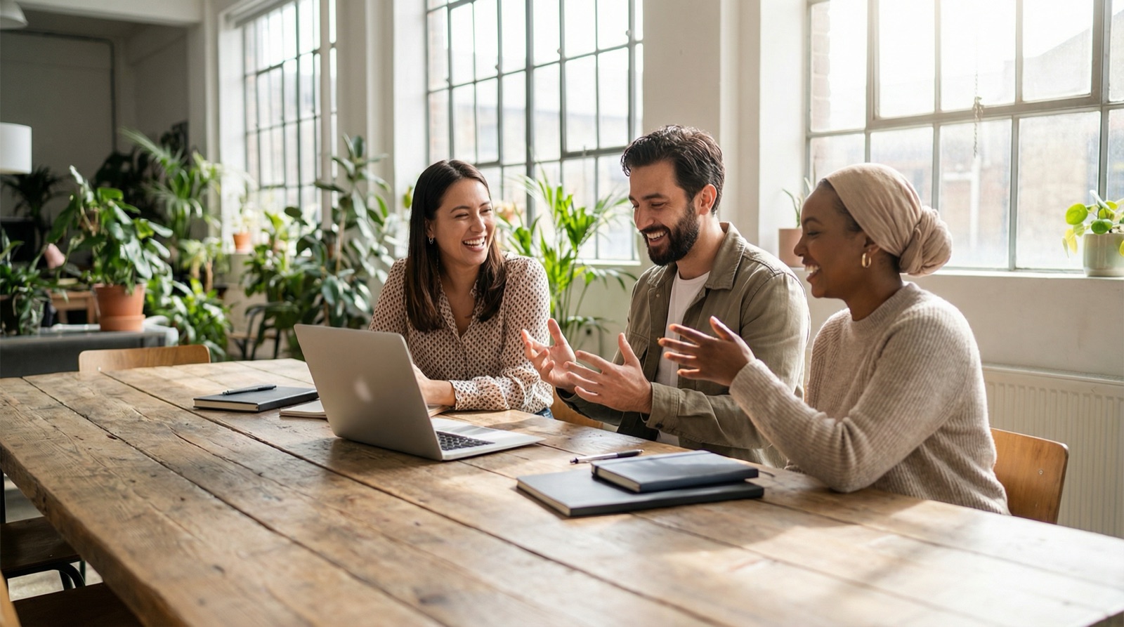 Tres colegas riendo juntos alrededor de un portátil en una mesa de madera en una oficina luminosa con plantas