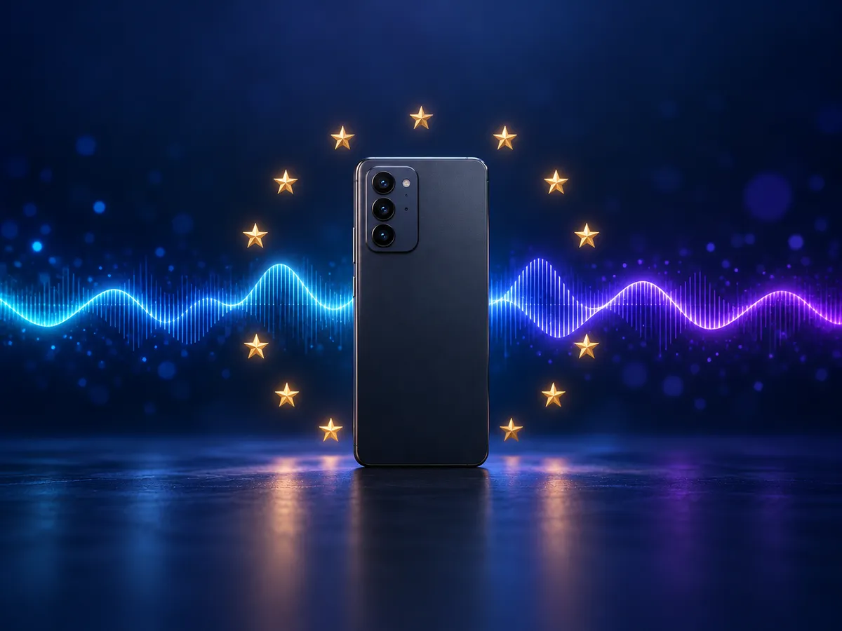 A smartphone seen from the back, with a glowing cyan and violet audio waveform behind it and a ring of gold stars on a dark blue background