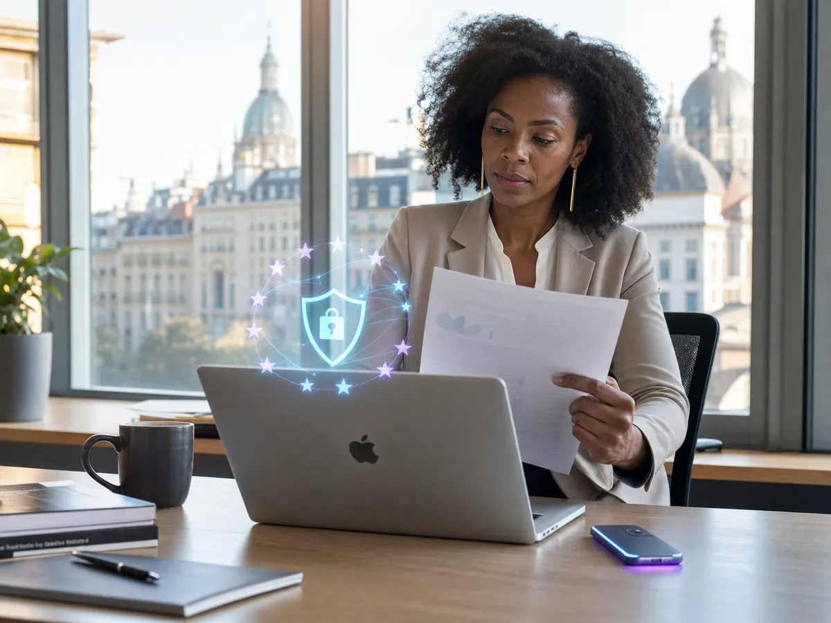 A European professional reviewing documents at a desk with the EU flag and a data-privacy hologram in warm light