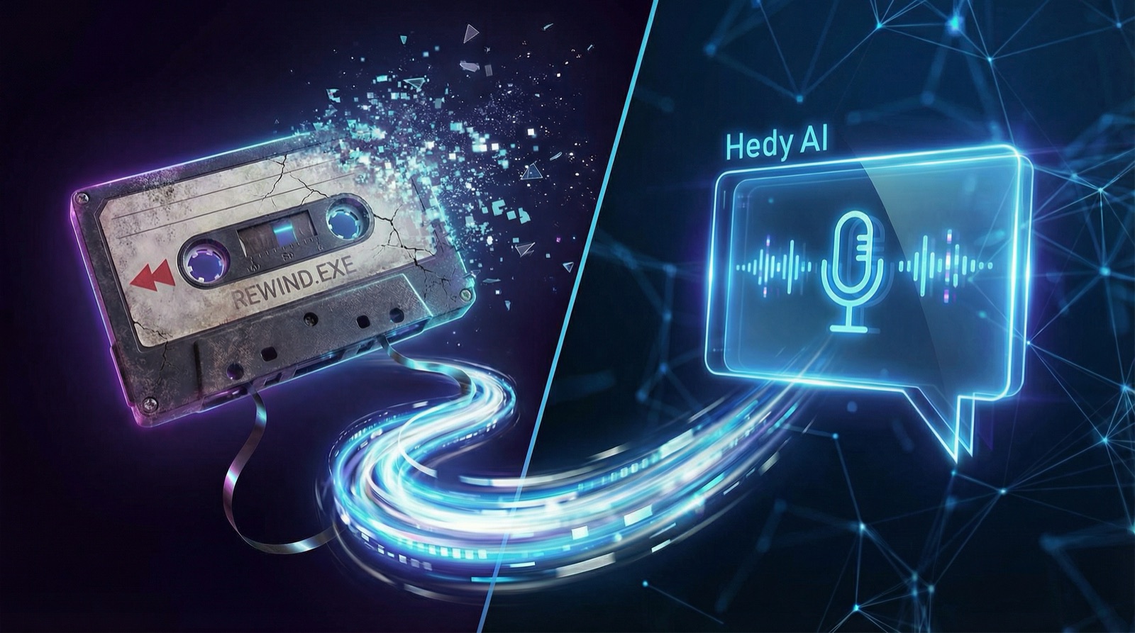 Ilustración dividida de una cinta de casete que se desmorona etiquetada Rewind transformándose en el icono de micrófono de Hedy AI