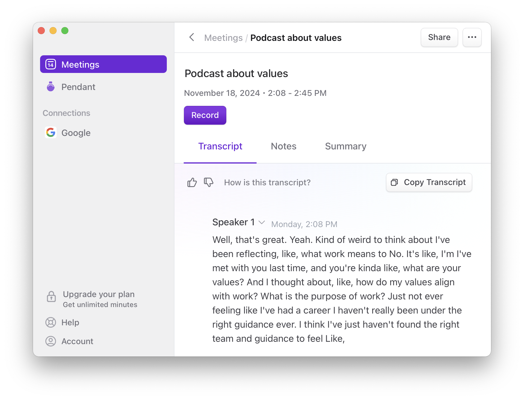 Vous pouvez exporter la transcription de chaque réunion importante depuis Limitless
