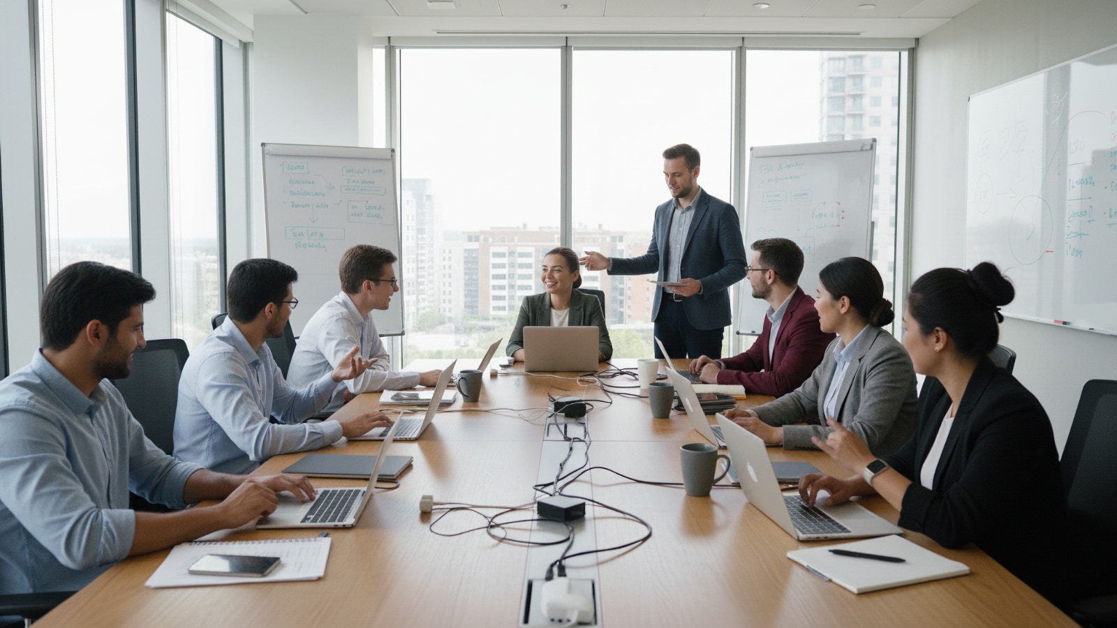 Equipo de ocho profesionales en una sala de conferencias acristalada con un presentador de pie ante una pizarra