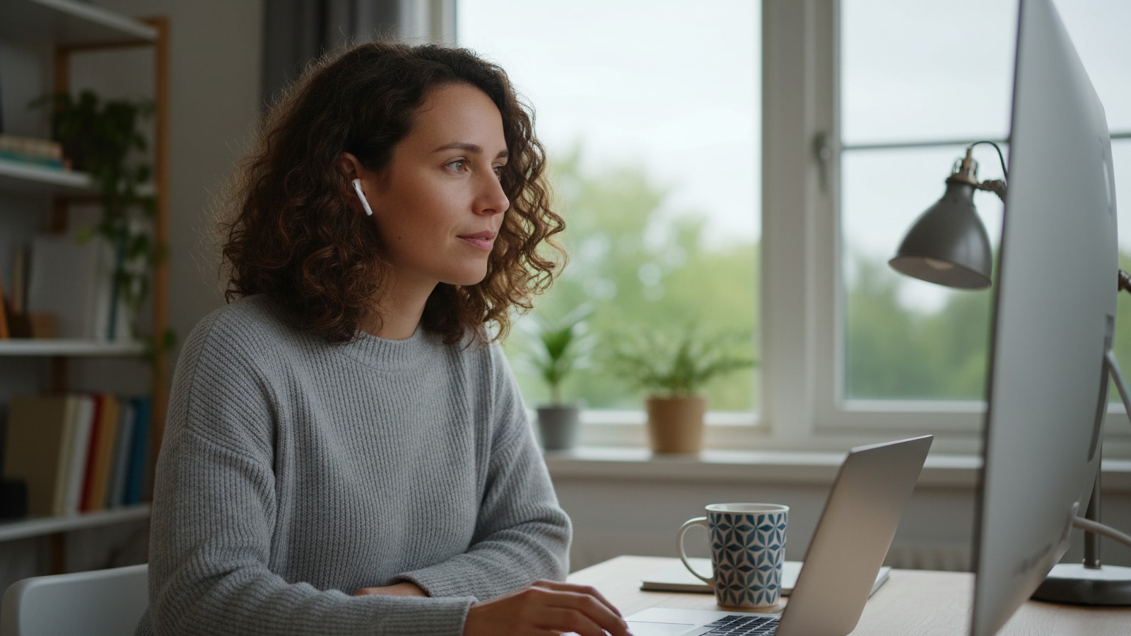 Mujer con cabello rizado usando auriculares inalámbricos trabajando en un portátil y monitor en una luminosa oficina en casa