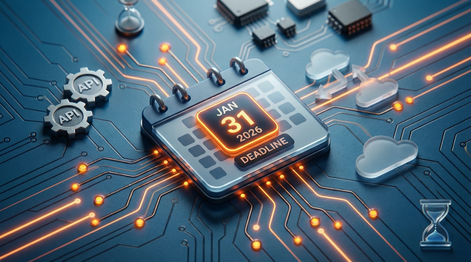Ilustración 3D de una placa de circuito con engranajes de API, iconos de nube y un chip brillante con la fecha límite 31 de enero de 2026