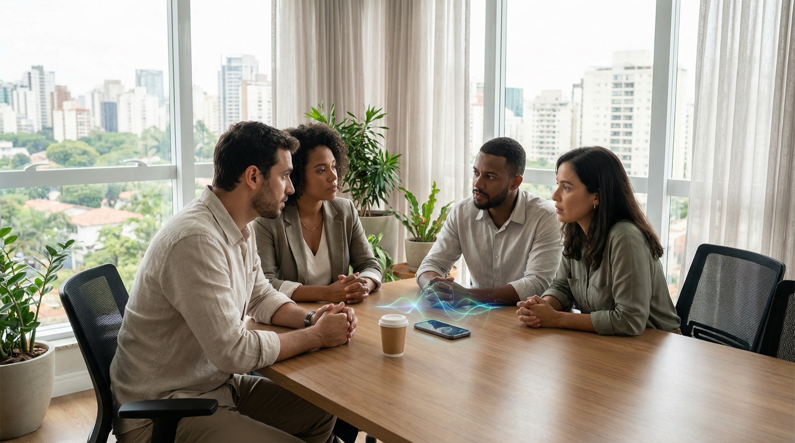Cuatro colegas manteniendo una discusión concentrada alrededor de una mesa de conferencias con un skyline urbano detrás