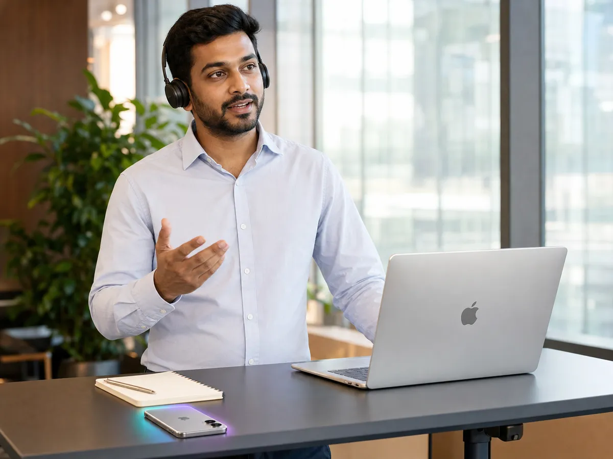 A standing salesperson wearing a headset, speaking and gesturing during a call, with a MacBook and a face-down iPhone on the desk