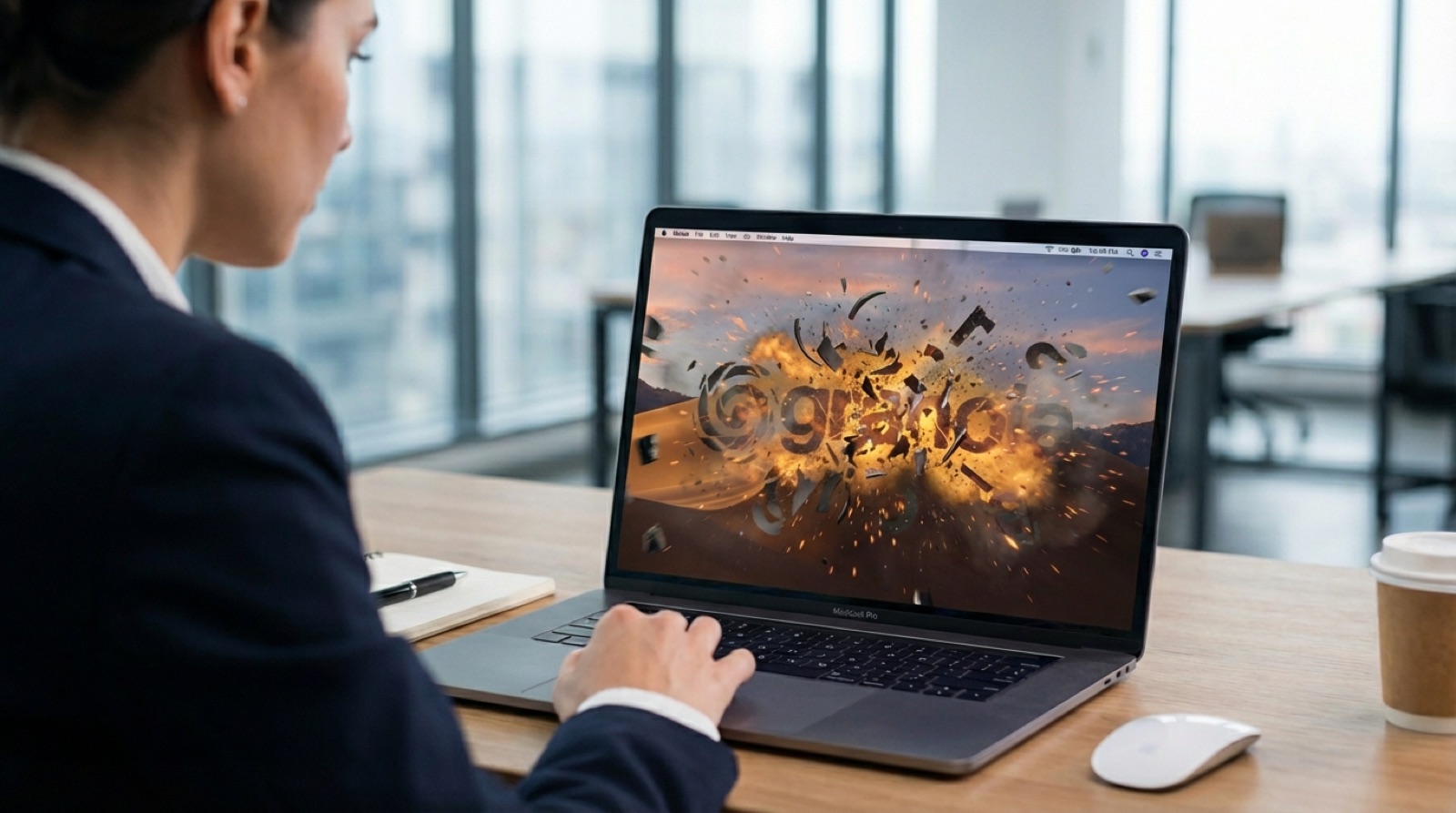 Profesional en un escritorio de oficina viendo un gráfico de explosión dramática en la pantalla de un portátil