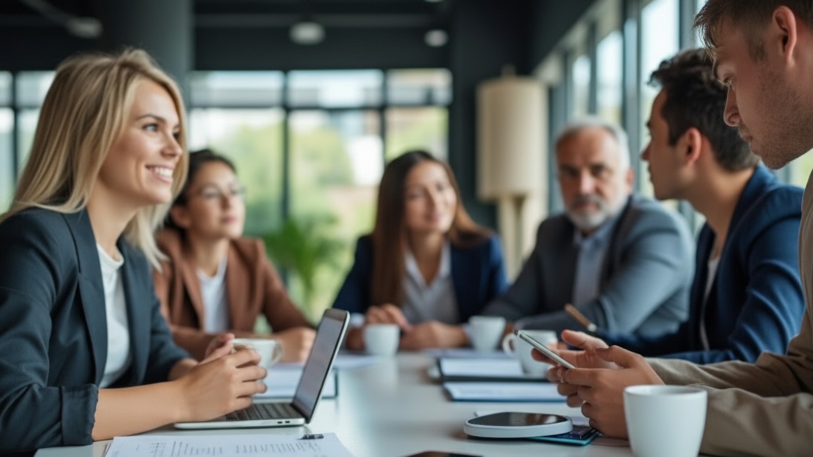 Mujer sonriente liderando una reunión con cinco colegas alrededor de una mesa de conferencias con portátiles