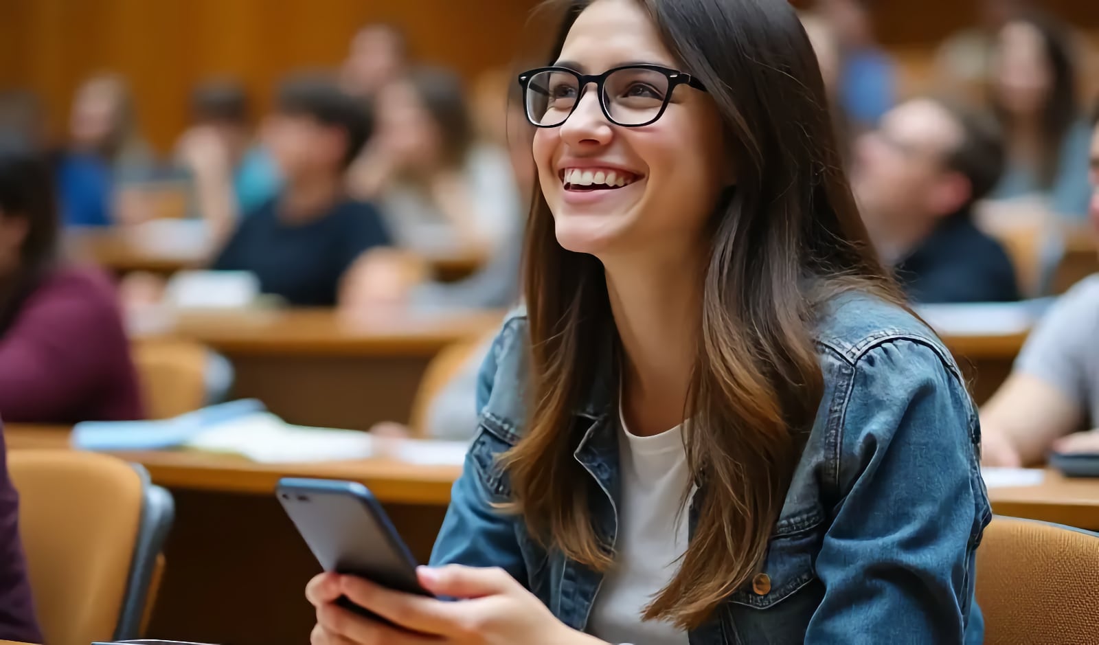 Mujer sonriente con gafas sosteniendo un smartphone en el público de un auditorio
