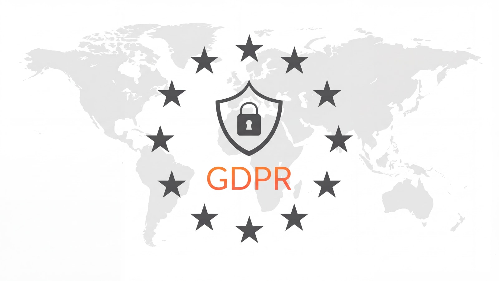 Escudo GDPR e icono de candado rodeado de estrellas de la UE sobre un mapa mundial
