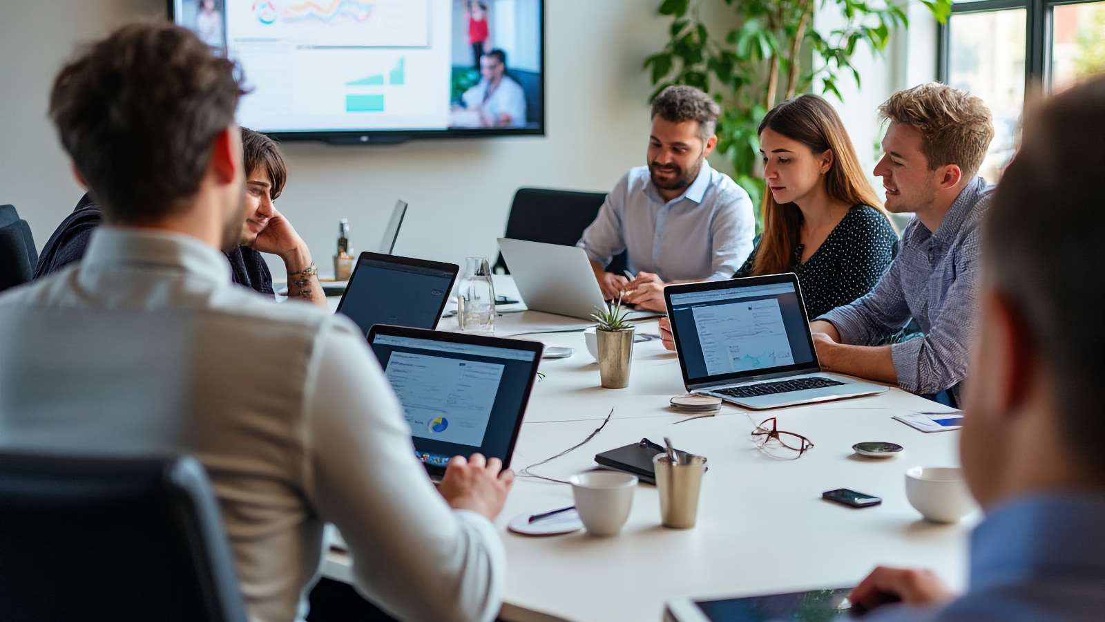 Equipo colaborando alrededor de una mesa de conferencias con portátiles y una pantalla de presentación