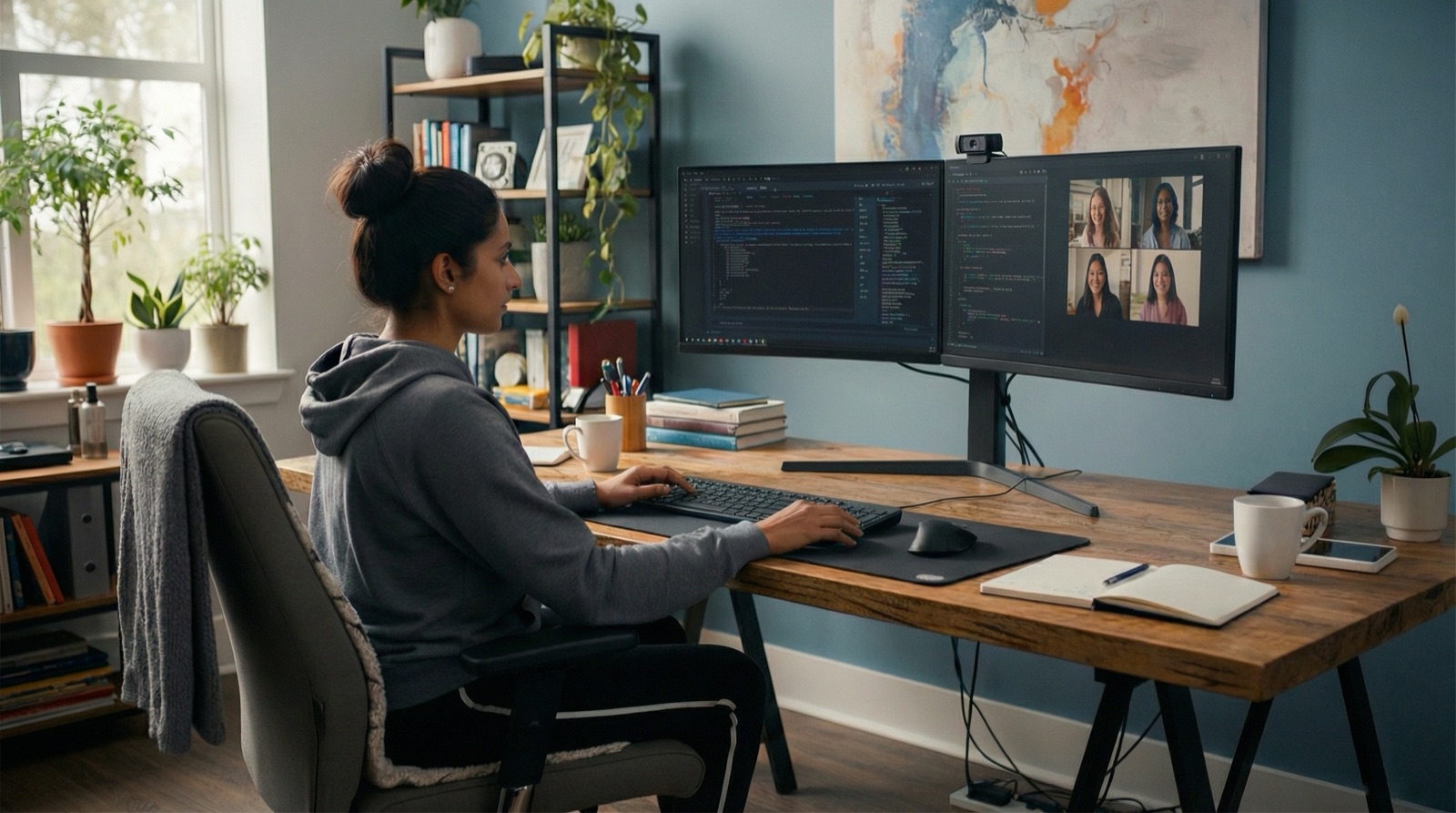 Mujer trabajando en una oficina en casa con dos monitores mostrando código y una videollamada