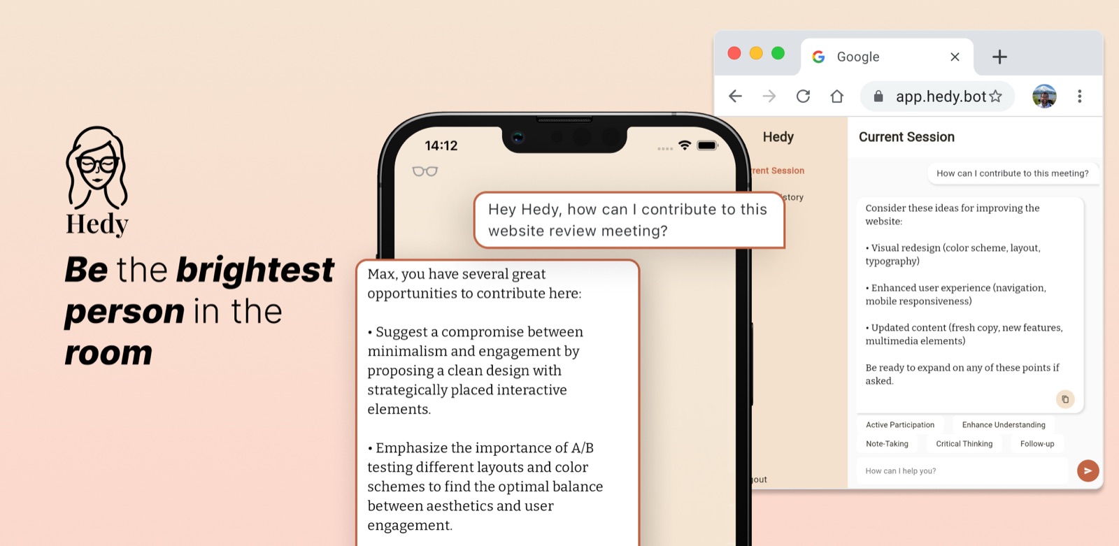 Aplicación de Hedy mostrada en un teléfono y navegador de escritorio con sugerencias de coaching para reuniones