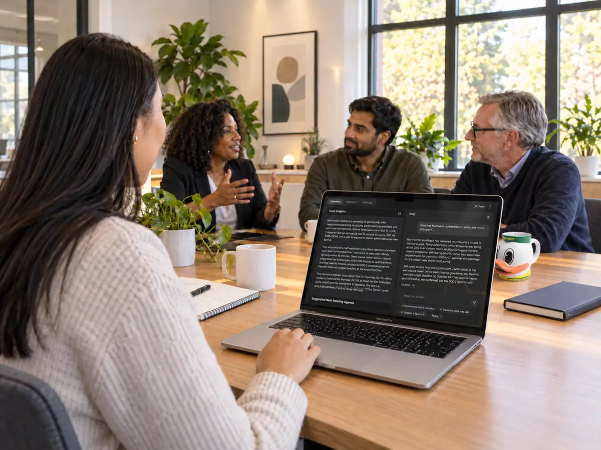 Four colleagues in a meeting room, with a laptop in the foreground showing a Hedy Team Topic with a meeting summary and a chat answer