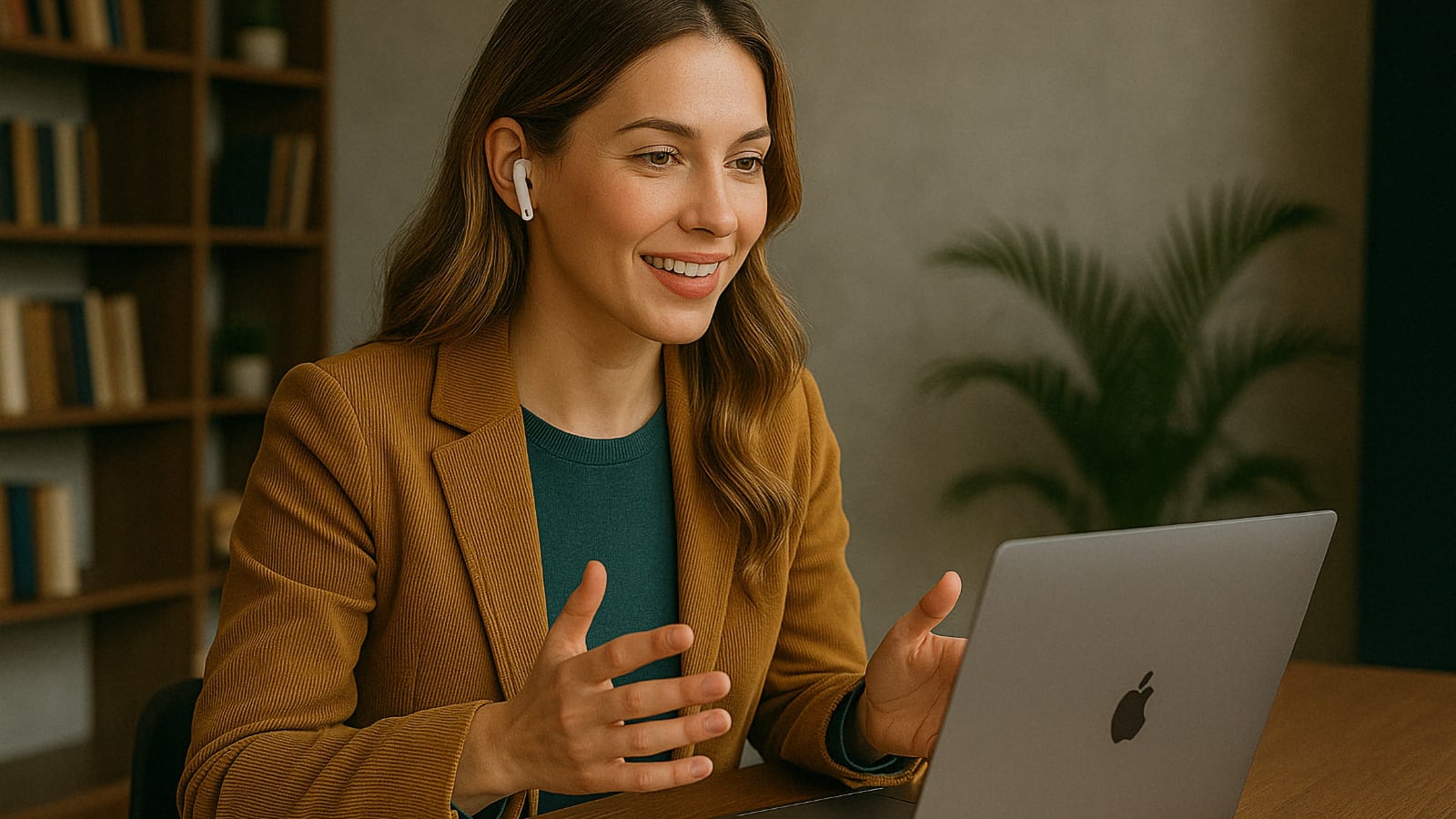 Mujer con auriculares inalámbricos gesticulando durante una videollamada en un MacBook