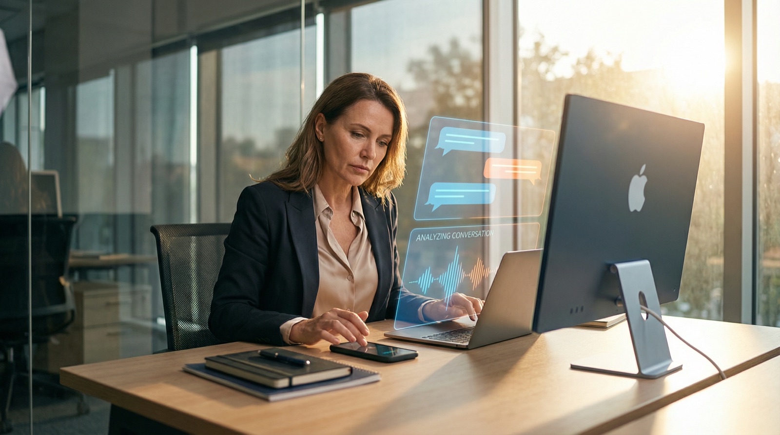 Empresaria en un escritorio con gráficos holográficos de análisis de conversaciones sobre su portátil