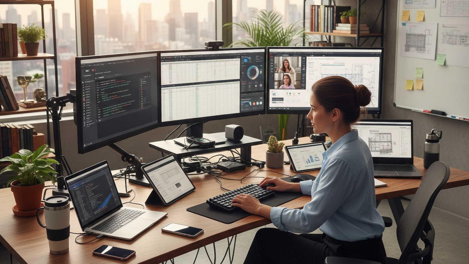 Mujer trabajando en una configuración de escritorio con múltiples monitores mostrando dashboards y una videollamada