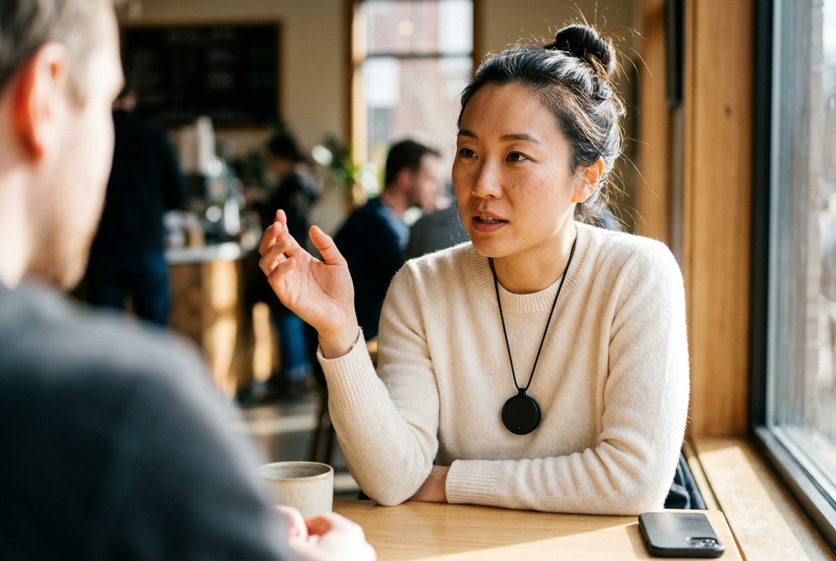 A professional in a casual conversation wearing an OMI pendant device, with their iPhone resting on the table nearby
