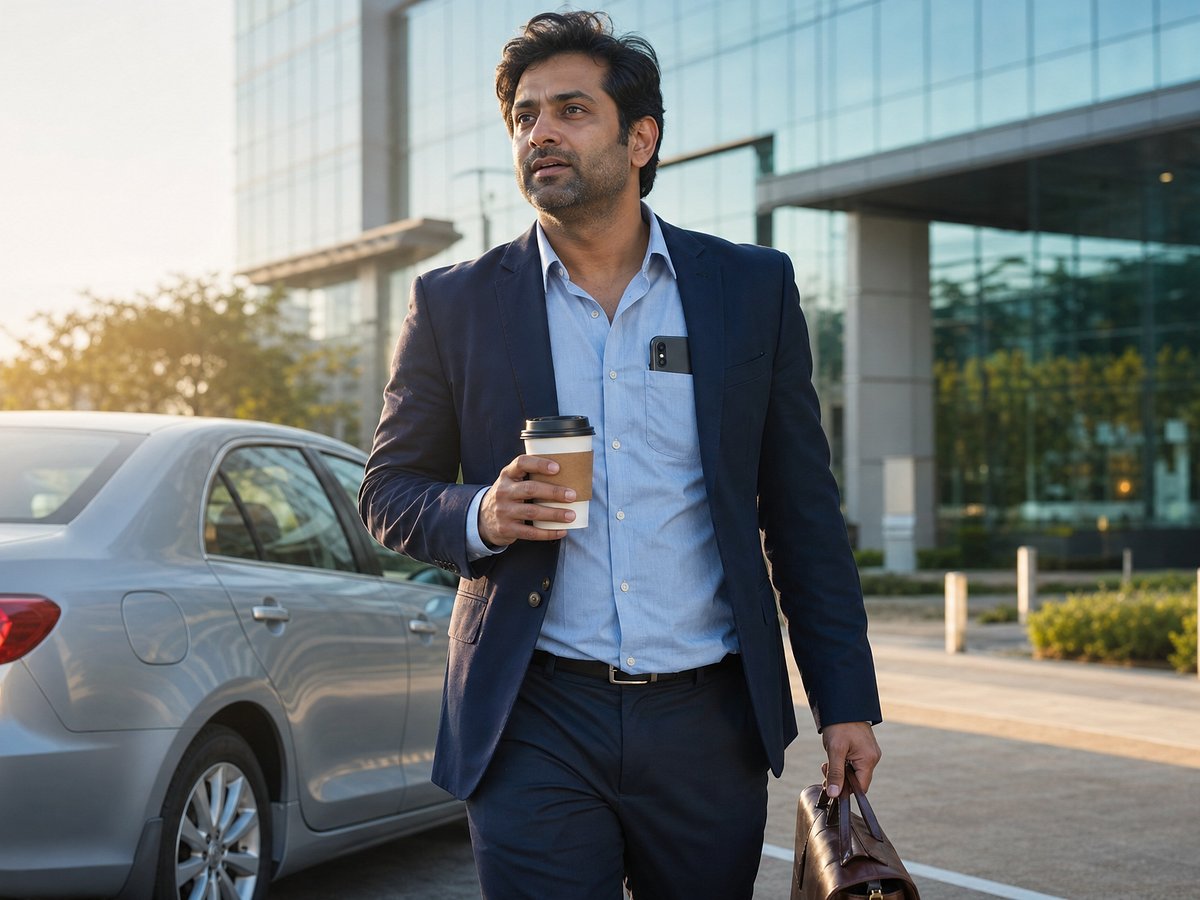 Berufstätiger verlässt ein geparktes Auto mit Laptoptasche und Kaffee, iPhone an der Hemdtasche befestigt, im Gehen auf dem Weg zu einem Bürogebäude