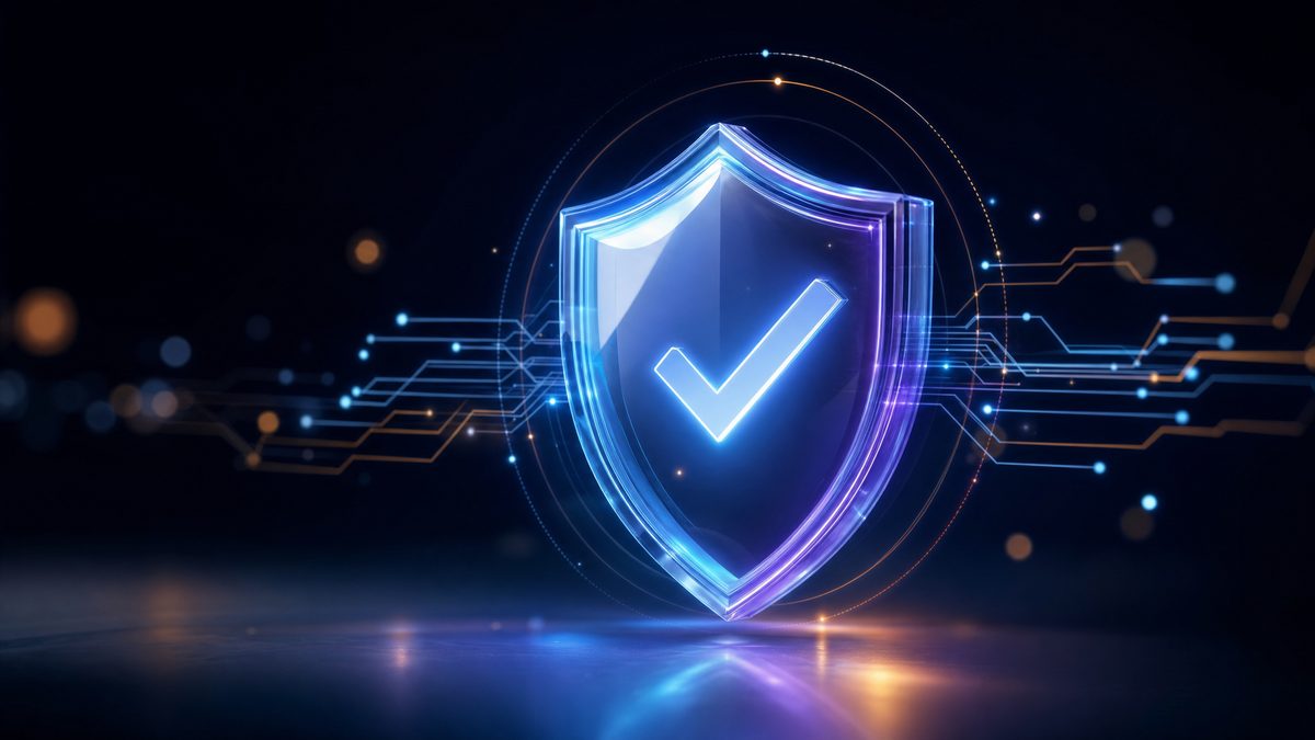 Glowing digital security shield with a checkmark, representing Hedy's completed SOC 2 Type I and HIPAA audits