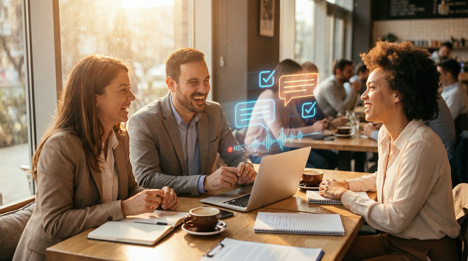 Tres colegas riendo alrededor de una laptop en un cafe con iconos holograficos de chat y audio