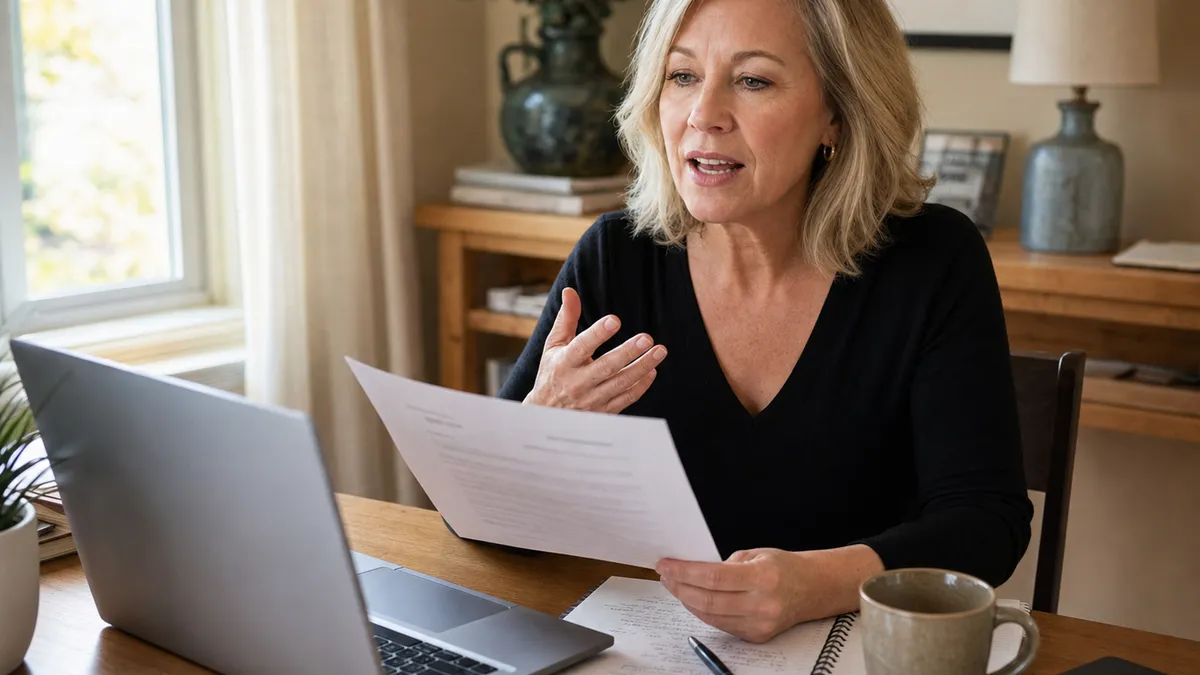 Woman practicing interview answers out loud at a home desk while an AI coaching app listens on her phone
