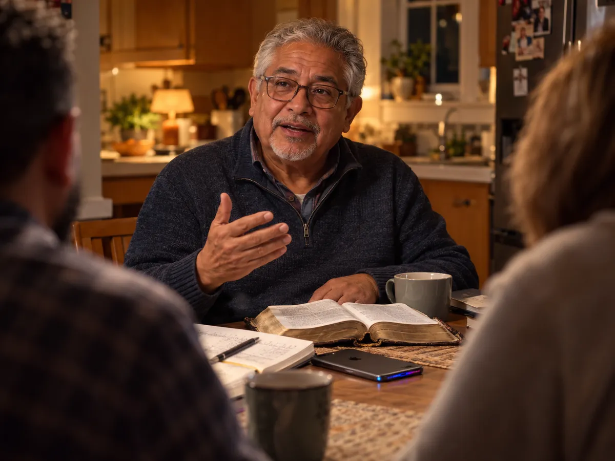 Older man leading a small-group Bible study at a kitchen table, gesturing as he speaks, with an open Bible, a notebook and a face-down phone on the table