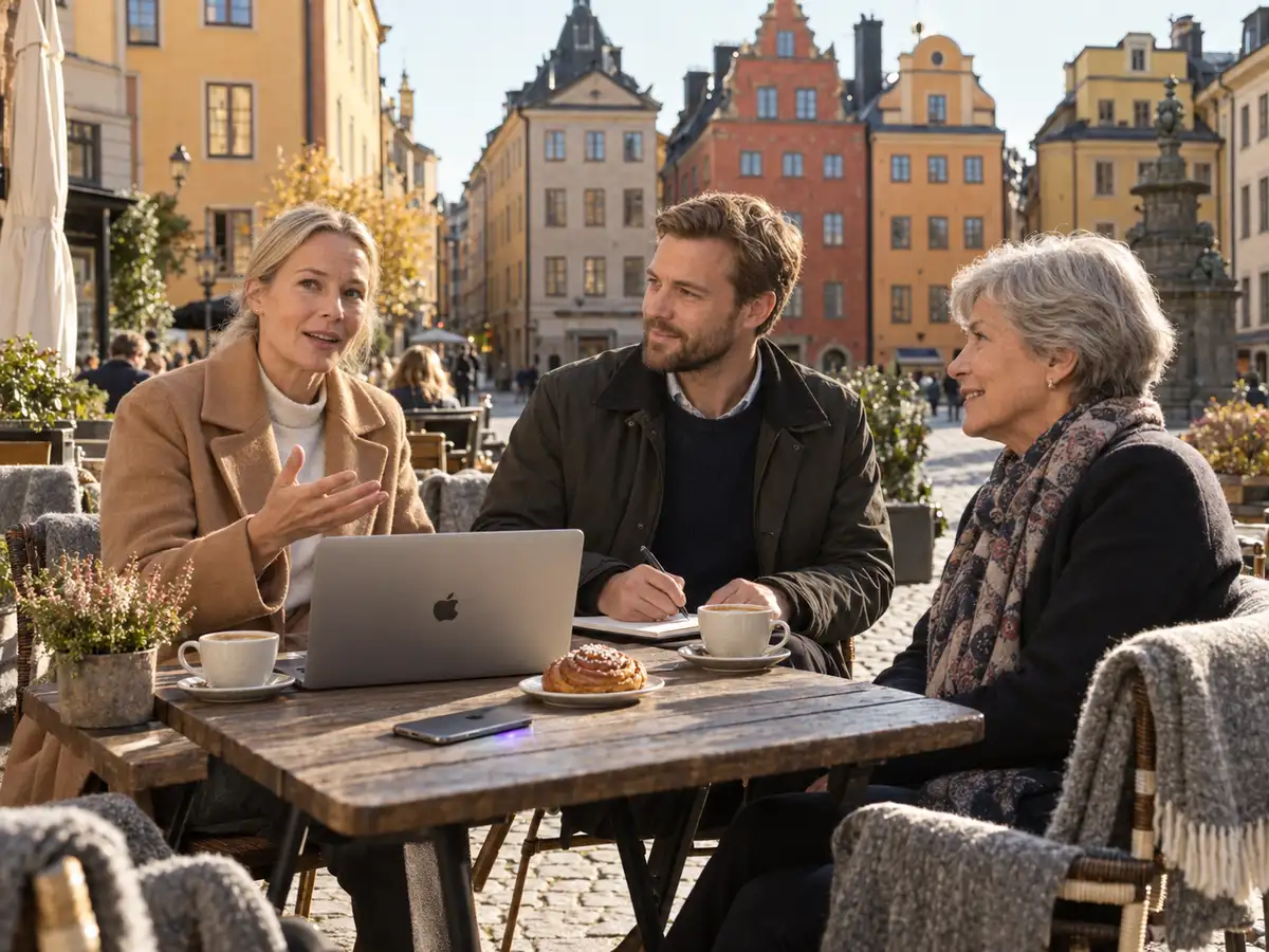 Three colleagues talking over coffee and a laptop at an outdoor café table on a cobblestone square in Stockholm's old town