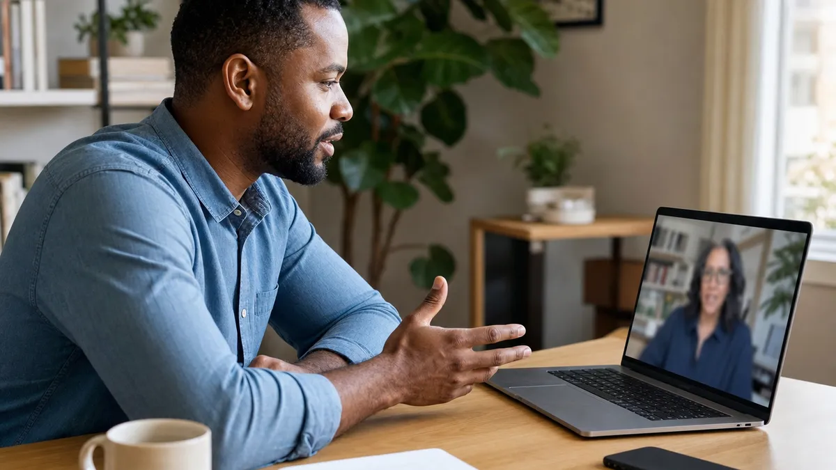 Eine Frau spricht und gestikuliert während eines Video-Interviews an ihrem Laptop im Home Office