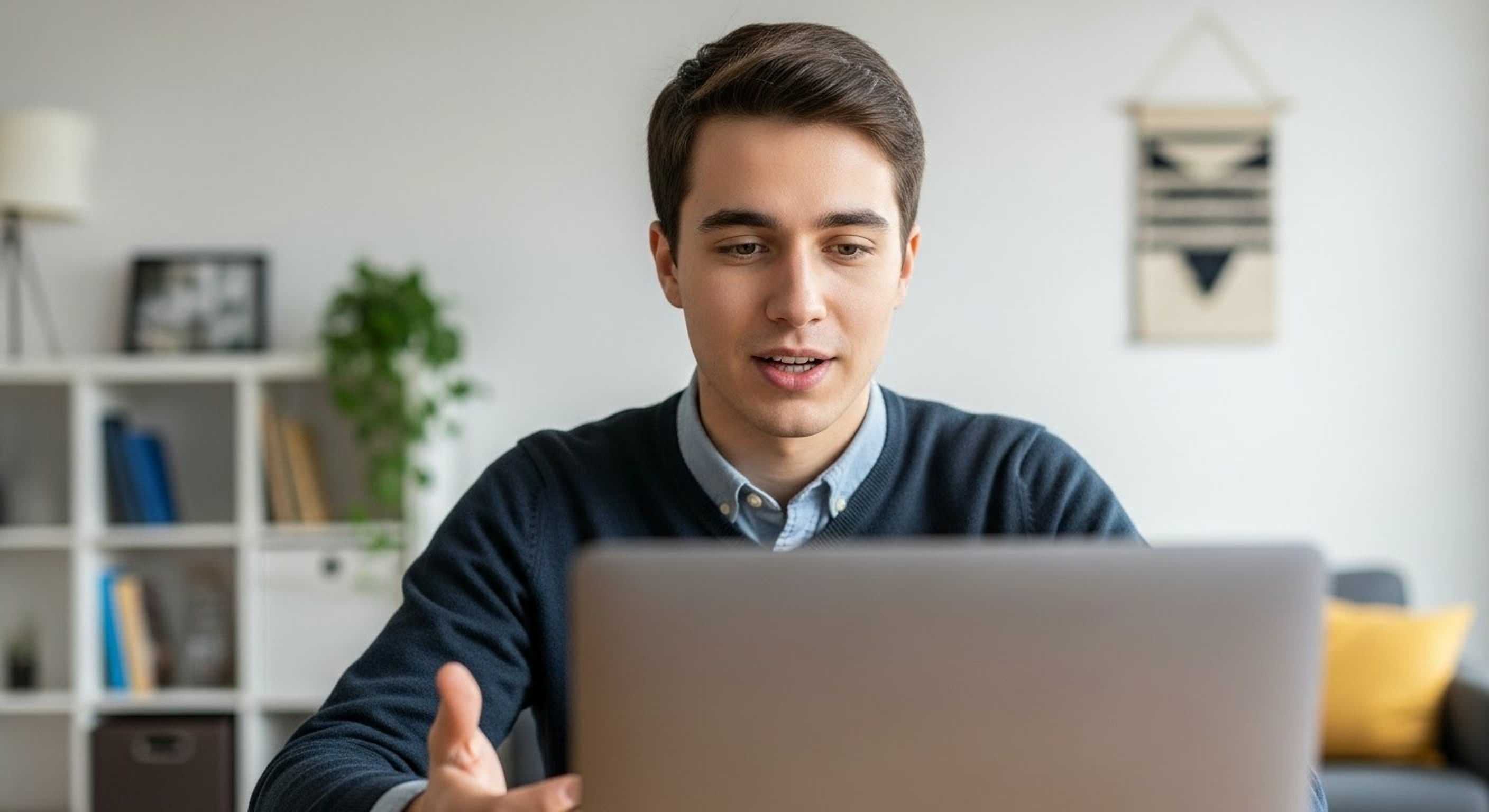 Hombre joven hablando y gesticulando durante una videollamada en su laptop en una oficina en casa