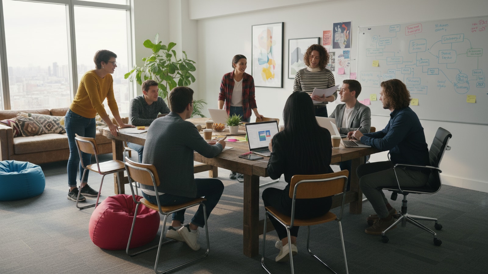 Equipo diverso reunido alrededor de una mesa con laptops en una oficina moderna y luminosa con vista a la ciudad