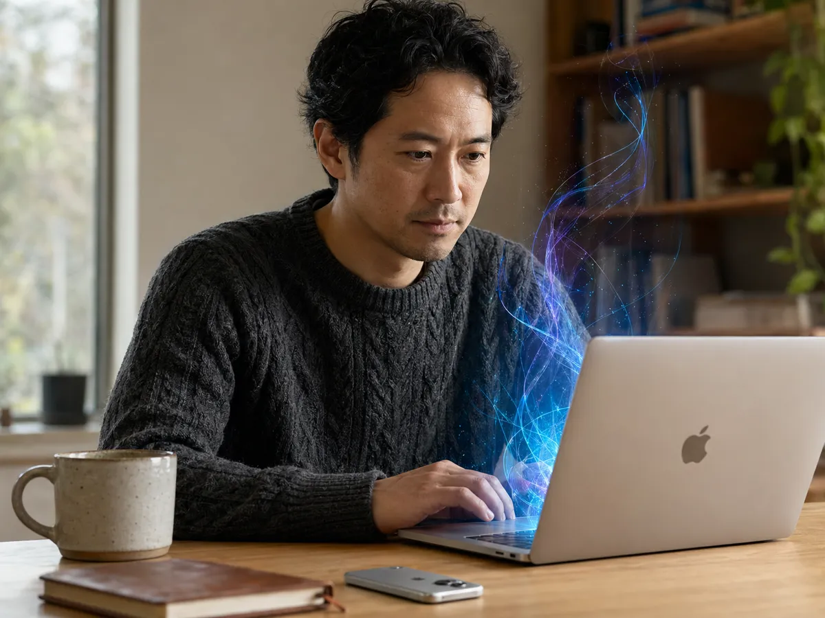 A software engineer at a wooden desk thoughtfully studies a MacBook angled away from the camera, with a delicate cyan-and-violet hologram rising from the keyboard suggesting on-device AI computation