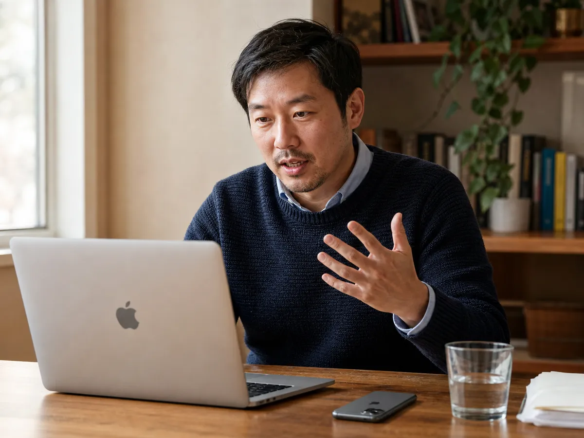 A man in a bright home office leaning forward mid-sentence during a laptop video call, gesturing with one hand, a face-down iPhone beside the keyboard